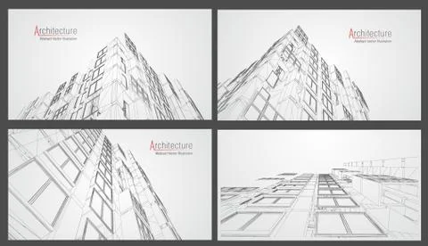 Architecture wireframe background set. Building blueprints vector. 3dbuilding Ilustración de archivo