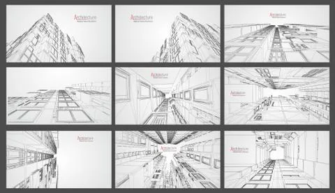 Architecture wireframe background set. Building blueprints vector. 3dbuilding Ilustración de archivo