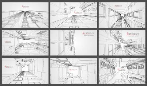 Architecture wireframe background set. Building blueprints vector. 3dbuilding Ilustración de archivo