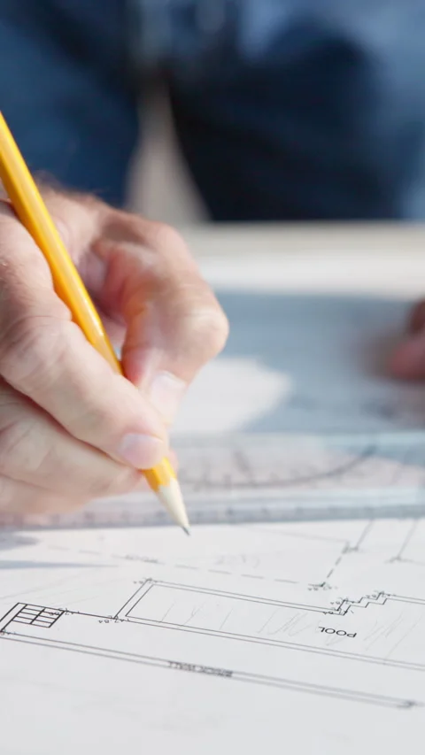 Architecture, writing and hands of person with layout, design and blueprint for Stock Footage 337533832