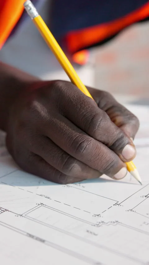Architecture, writing and hands of person with blueprint, design and layout for Stock Footage 337535111