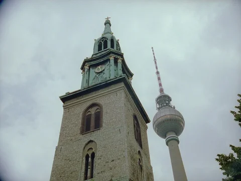 ARCHIVAL 35MM 2K- EXT. DAY BERLIN 1996 - BERLIN EAST TV TOWER W FG BUILDING Stock Footage 75377488