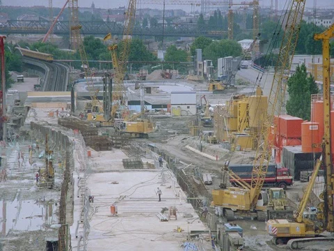ARCHIVAL 35MM 2K- EXT. DAY BERLIN 1996 - BERLIN POTSDAMMER PLATZ CONSTRUCTION Stock Footage 75378725