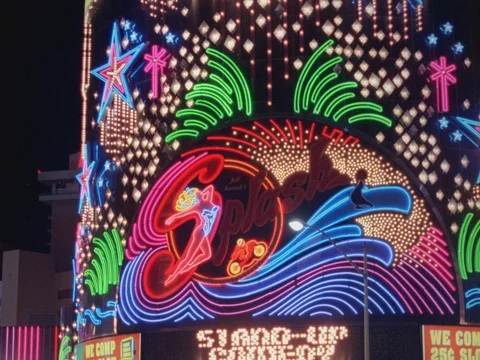 ARCHIVAL 35MM 2K EXT. DUSK- LAS VEGAS-RIVERA HOTEL -SPLASH NEON SIGN; CLOSED  Stock Footage 75369610
