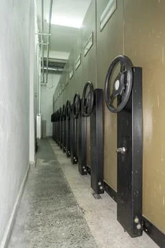 Archival document storage cabinets in a long hallway used for organizing an.. Stock Photos