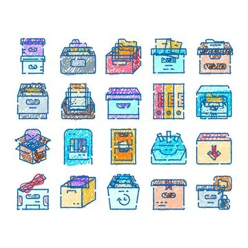 Archive boxes organizing documents and files doodle icons Stock Illustration