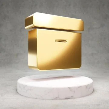 Archive icon. Shiny golden Archive symbol on white marble podium. Stock Illustration