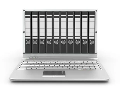Archive. laptop with folders instead of the screen. 3d Stock Illustration