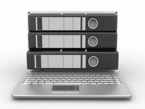 Archive. laptop with folders instead of the screen. 3d Stock Illustration