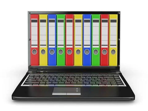 Archive. Laptop with folders instead of the screen. 3d Archive. Laptop wit... 스톡 사진
