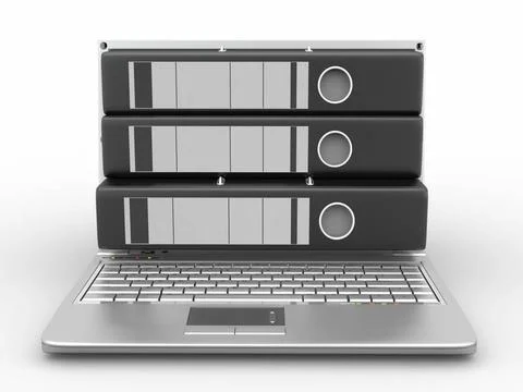 Archive. Laptop with folders instead of the screen. 3d Archive. Laptop wit... 스톡 사진