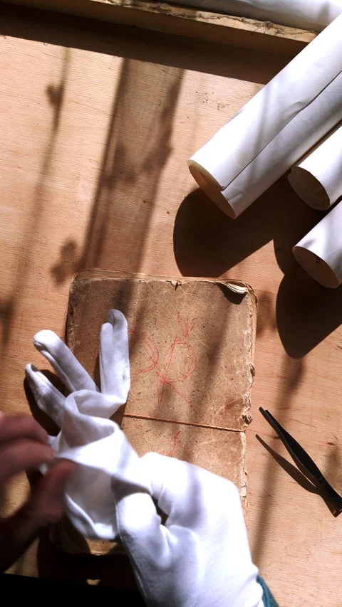 Archivist Puts on White Gloves Before Examining Vintage Diary Notebook Stock Footage 337452227