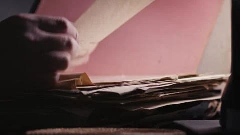 Archivist Searching aged Handwritten documents in moody lit study Stock Footage 313656081