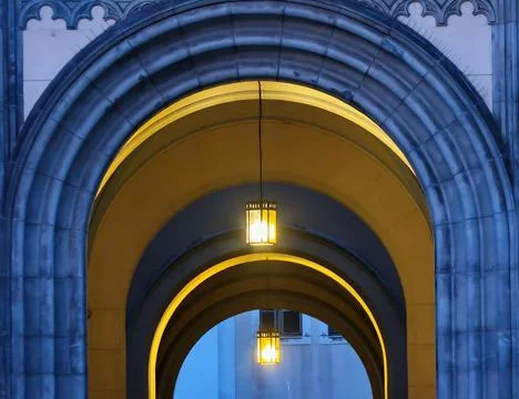 Archway With Lanterns. Ancient Arched Corridor With Lanterns And Intricate .. Stock Photos