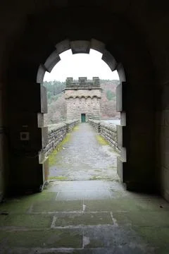 Archway View To Derwent Dam Valve Tower, Peak District, England. Stock Photos