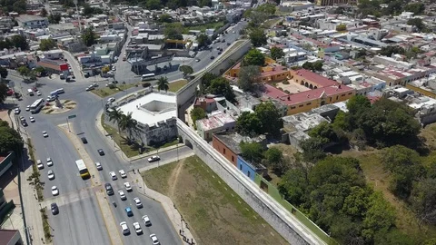 Arcing Drone Shot Above Tower and Wall of Campeche Mexico's Fortress Stock Footage 90563154