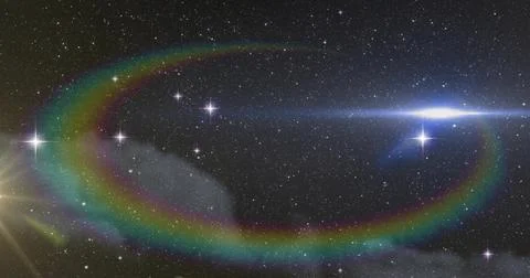 Arcing iridescent rainbow ring in space meeting gray nebula blue streak golden Illustrazione stock