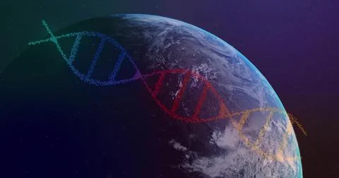 Arcing multicolored DNA helix crossing partial Earth in orbit, showing cloud Stock Illustration