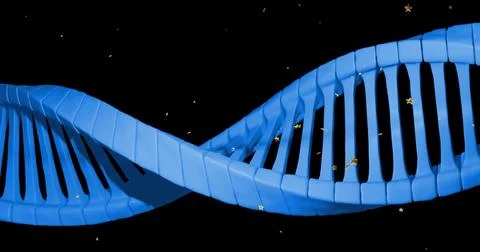 Arcing stylized blue double helix running in S-shape across studio backdrop,  Illustrazione stock