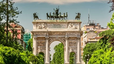Arco della Pace or Arch of Peace, a triumphal arch in Milan. Zoom out shot. Stock Footage 88244208
