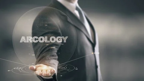 Arcology with hologram businessman concept Stock Footage