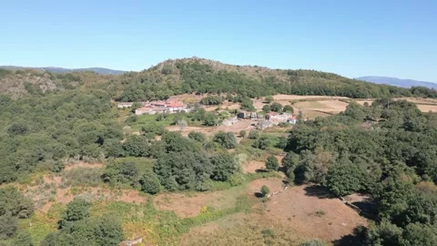 Arcos Village Amid Patchwork Fields and Green Woodland in Galicia Stock Footage 344338687