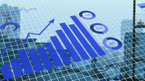 Arcs initiating tilted grid, data visuals growing and sliding, showing rising Stock Footage 333859761