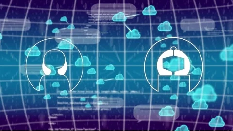 Arcs starting from sides drawing avatars while cyan clouds drifting showing user Stock Footage 334338045