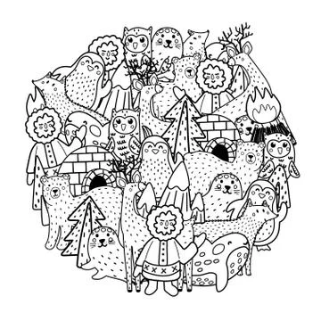 Arctic animals circle shape pattern for coloring book. Black and white print Stock Illustration