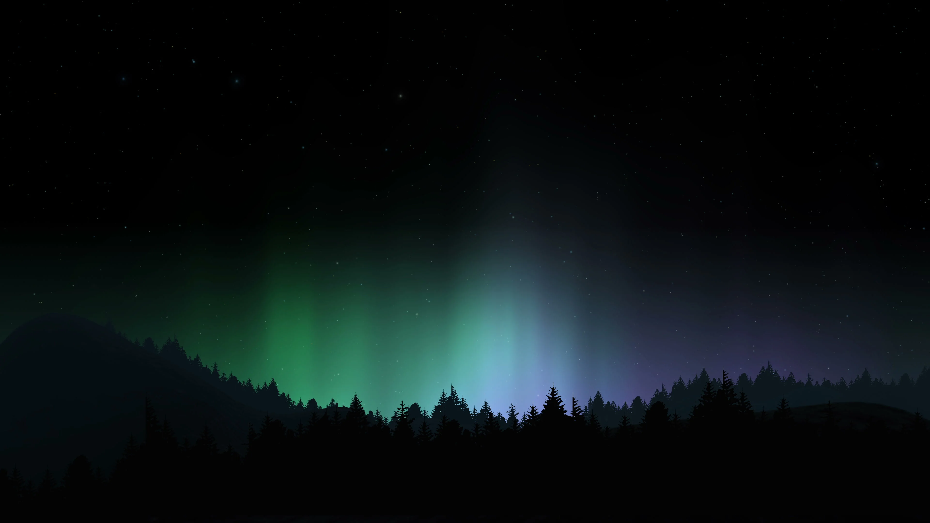 Arctic bright northern light over forest landscape.