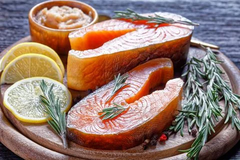 Arctic char and cod roe on a wooden background Stock Photos