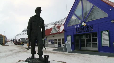 Arctic coal mine worker statue at the street of Longyearbyen, Norway. Video stock 60422754
