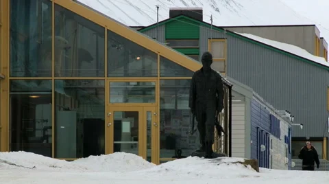 Arctic coal mine worker statue at the street of Longyearbyen, Norway. Stock Footage 60422863