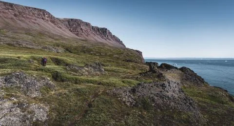 Arctic landscape of Disko Bay in Greeland in Summer. Blue Sky and green meadows Stock Photos