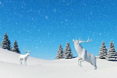 Arctic landscape scene, snow falling on reindeer in winter and Christmas Stock Illustration