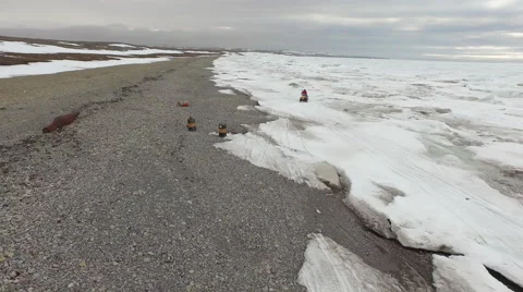 Arctic Landscape Snow Covered Beach And Water Person On Snowmobile Stock Footage 56655652