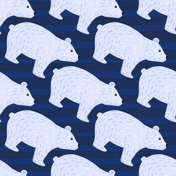 Arctic nature seamless pattern with doodle polar bear silhouettes print. Navy Stock Illustration
