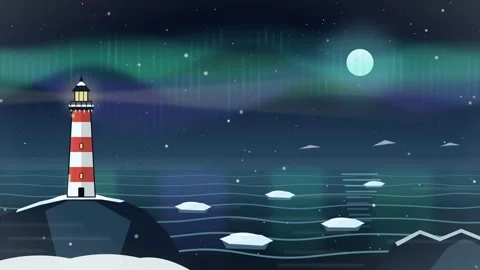 Arctic night sea view with glowing lighthouse, aurora and moon background Stock Footage 347458998