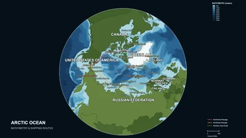 Arctic ocean bathymetry map northwest northeast passage northern sea route s Stock Footage 345883762