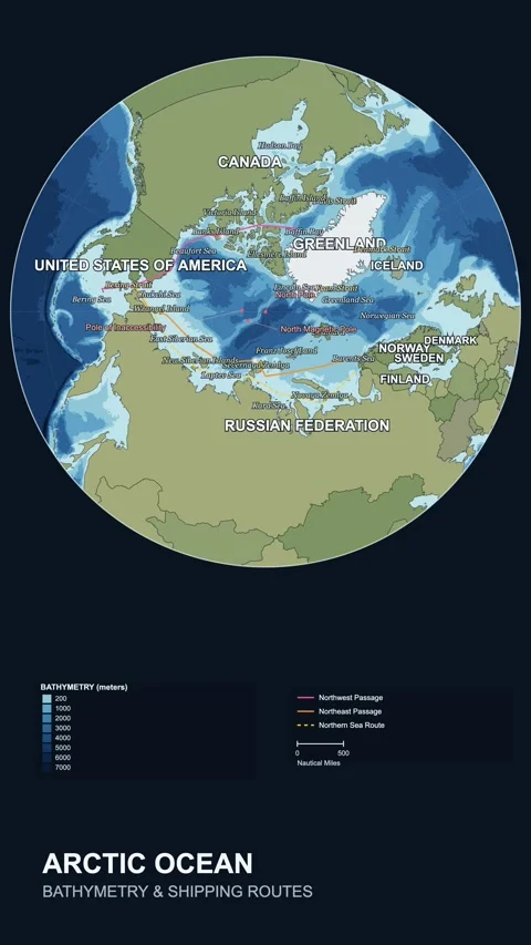 Arctic ocean bathymetry map northwest northeast passage northern sea route v Stock Footage 345883788