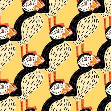 Arctic zoo seamless pattern in doodle style with simple puffin bird silhouett Stock Illustration