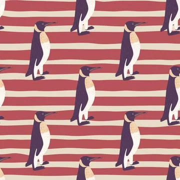 Arctic zoo seamless pattern with hand drawn purple penguin print. Striped red Illustrazione stock