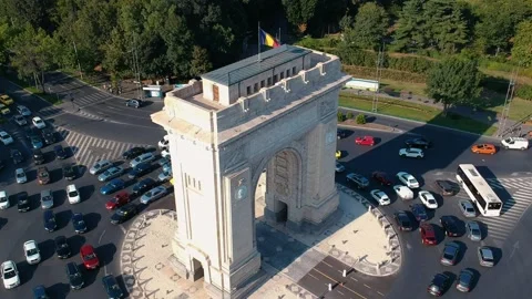 Arcul de Triumf Aerial Close-Up Square Daytime Stock Footage 131236016
