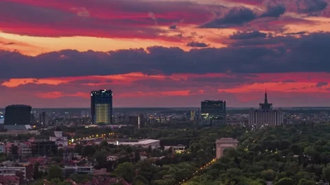 Arcul de Triumf Distant Drone Bucharest Sunset Stock Footage 131236431