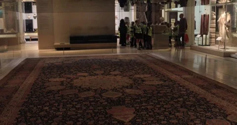 Ardabil carpet on display in Islamic art gallery at Victoria and Albert Stock Footage 321016508