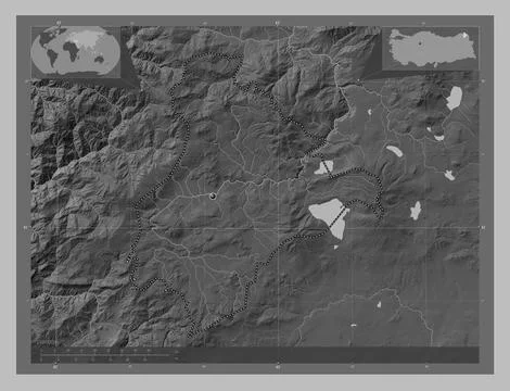 Ardahan, Turkiye. Grayscale elevation map with lakes and rivers Stock Illustration