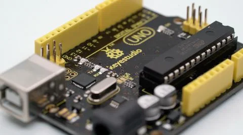 Arduino UNO electronic component. Small single board computer, device for study. Stock Photos