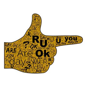 Are You OK word cloud in pointing hand icon, gold fill with black lettering on Stock Illustration