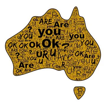 Are You OK word cloud in Australia map silhouette with bold black type on clean Stock Illustration