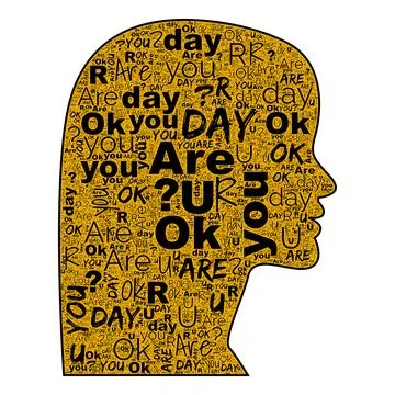 Are You OK word cloud in round profile silhouette gold fill with bold black text Stock Illustration